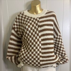 Blu Pepper Checkered and Striped Sweater in Brown and Cream